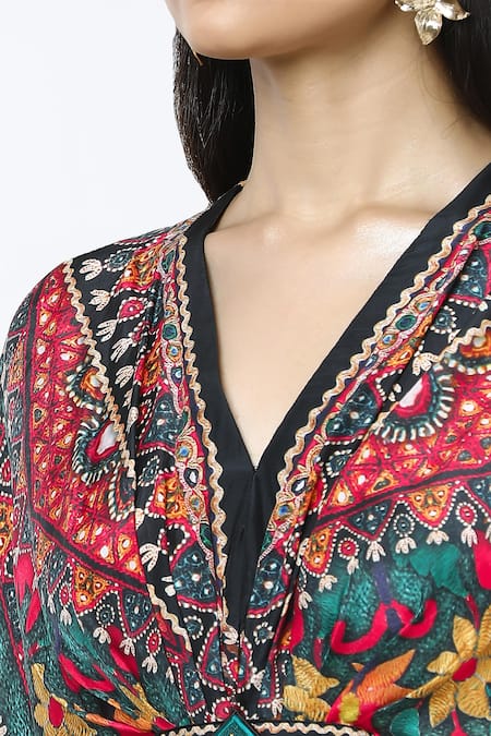 Shop_Rajdeep Ranawat_Multi Color Embroidery V-neck Kutch Printed Kaftan _Online_at_Aza_Fashions