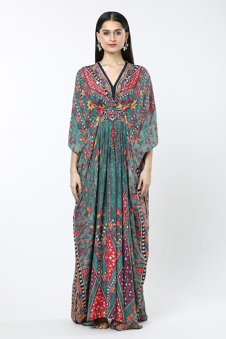 Rajdeep Ranawat_Multi Color Embroidery V-neck Kutch Printed Kaftan _at_Aza_Fashions