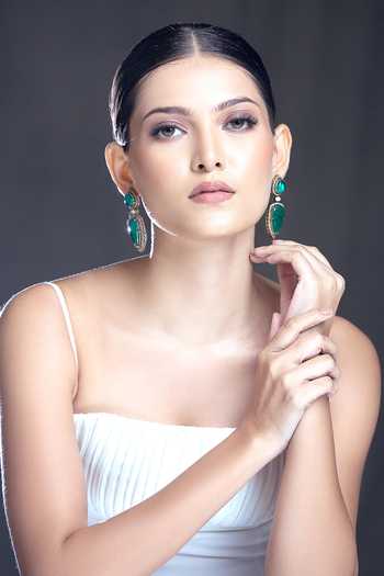 Shop Moh-Maya By Disha Khatri Gold Plated Zari Zircon And Emerald Stone Embellished Earrings Online at Aza Fashions Shop_Moh-Maya By Disha Khatri_Gold Plated Zari Zircon And Emerald Stone Embellished Earrings _Online_at_Aza_Fashions