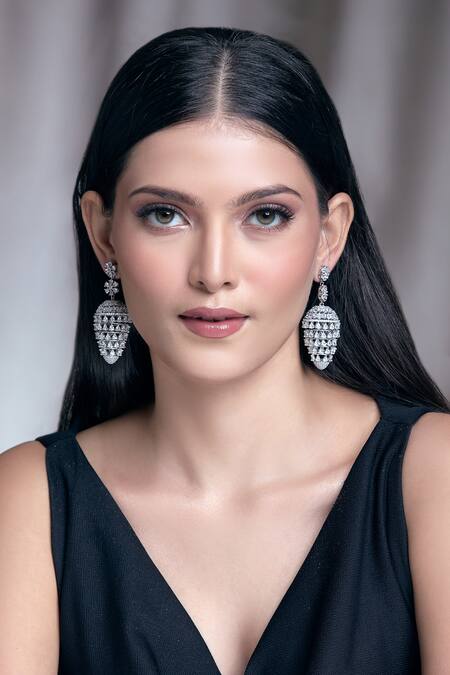 Shop Moh-Maya By Disha Khatri Silver Plated Zari Honeycomb Cutwork Earrings Online at Aza Fashions Shop_Moh-Maya By Disha Khatri_Silver Plated Zari Honeycomb Cutwork Earrings_Online_at_Aza_Fashions