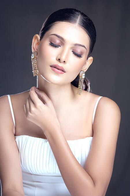 Shop_Moh-Maya By Disha Khatri_Gold Plated Zari Zircon And Moissanite Stone Embellished Earrings _Online_at_Aza_Fashions