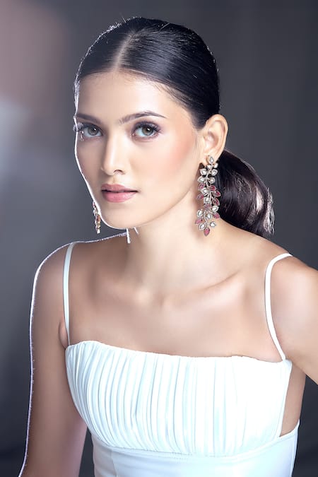 Moh-Maya By Disha Khatri Gold Plated Zari, Metallic Thread Zircon Leaf Vine Pattern Embellished Earrings 
