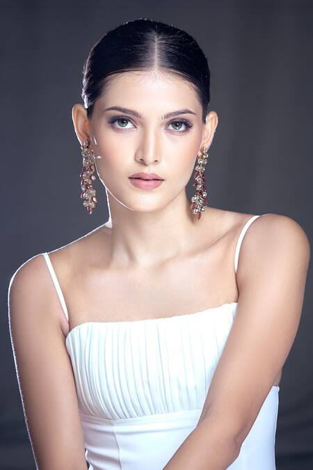 Shop_Moh-Maya By Disha Khatri_Gold Plated Zari, Metallic Thread Zircon Leaf Vine Pattern Embellished Earrings _Online_at_Aza_Fashions