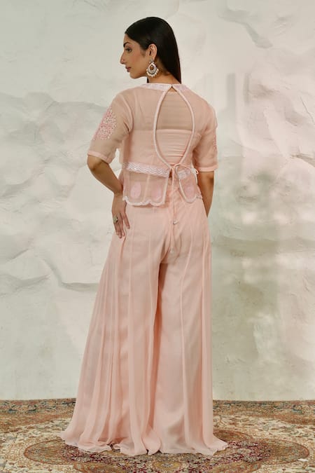 Shop Nidhi Kejriwal Pink Organza, Chiffon Sequins, Cut Work, Embroidery Round Bustier Sharara Set at Aza Fashions Shop_Nidhi Kejriwal_Pink Organza, Chiffon Sequins, Cut Work, Embroidery Round Bustier Sharara Set _at_Aza_Fashions