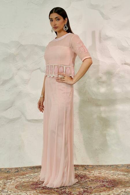 Nidhi Kejriwal Pink Organza, Chiffon Sequins, Cut Work, Embroidery Round Bustier Sharara Set Online at Aza Fashions Nidhi Kejriwal_Pink Organza, Chiffon Sequins, Cut Work, Embroidery Round Bustier Sharara Set _Online_at_Aza_Fashions