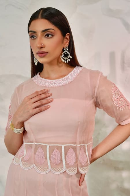 Shop Nidhi Kejriwal Pink Organza, Chiffon Sequins, Cut Work, Embroidery Round Bustier Sharara Set Online at Aza Fashions Shop_Nidhi Kejriwal_Pink Organza, Chiffon Sequins, Cut Work, Embroidery Round Bustier Sharara Set _Online_at_Aza_Fashions
