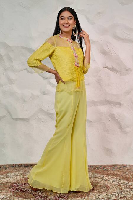 Nidhi Kejriwal Yellow Organza, Georgette Embroidery Round Neck Hand Jacket With Palazzo Online at Aza Fashions Nidhi Kejriwal_Yellow Organza, Georgette Embroidery Round Neck Hand Jacket With Palazzo_Online_at_Aza_Fashions