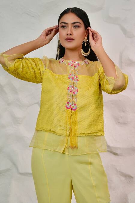 Buy Nidhi Kejriwal Yellow Organza, Georgette Embroidery Round Neck Hand Jacket With Palazzo Online at Aza Fashions Buy_Nidhi Kejriwal_Yellow Organza, Georgette Embroidery Round Neck Hand Jacket With Palazzo_Online_at_Aza_Fashions