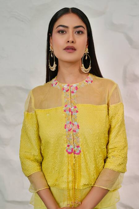 Shop Nidhi Kejriwal Yellow Organza, Georgette Embroidery Round Neck Hand Jacket With Palazzo Online at Aza Fashions Shop_Nidhi Kejriwal_Yellow Organza, Georgette Embroidery Round Neck Hand Jacket With Palazzo_Online_at_Aza_Fashions