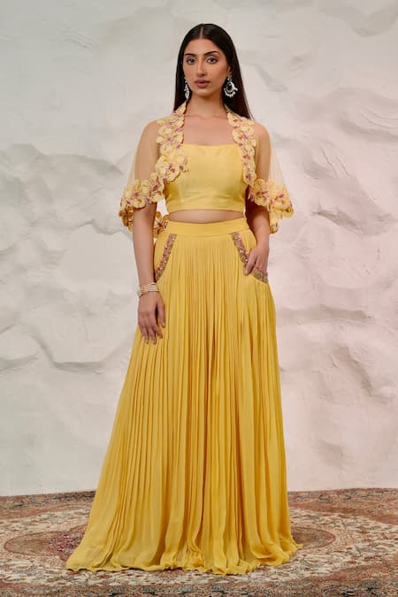 Nidhi Kejriwal Yellow Georgette Embellished Cutdana Short Cape Front Open Pleated Skirt Set 