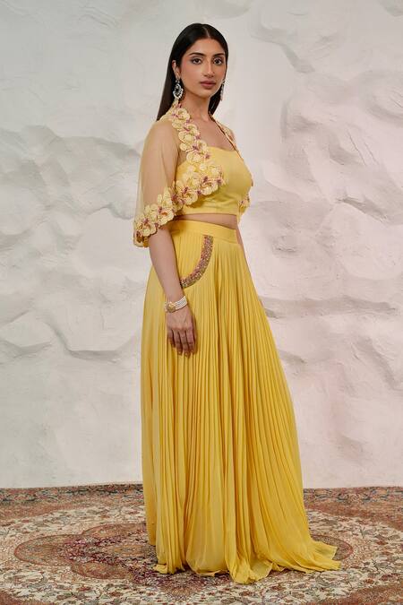 Buy Nidhi Kejriwal Yellow Net, Georgette, Silk Sequins, Cut Work Embellished Pleated Skirt Cape Set Online at Aza Fashions Buy_Nidhi Kejriwal_Yellow Net, Georgette, Silk Sequins, Cut Work Embellished Pleated Skirt Cape Set _Online_at_Aza_Fashions