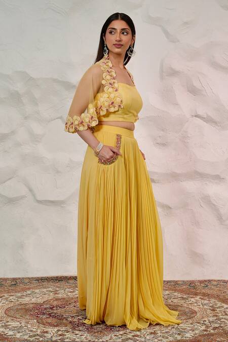 Shop Nidhi Kejriwal Yellow Net, Georgette, Silk Sequins, Cut Work Embellished Pleated Skirt Cape Set Online at Aza Fashions Shop_Nidhi Kejriwal_Yellow Net, Georgette, Silk Sequins, Cut Work Embellished Pleated Skirt Cape Set _Online_at_Aza_Fashions