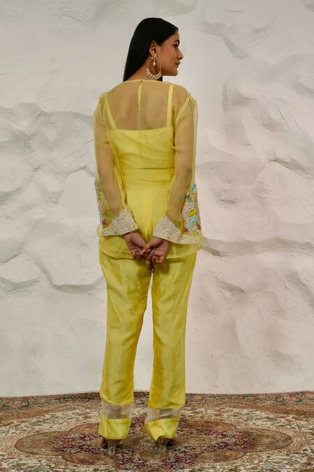 Shop Nidhi Kejriwal Yellow Organza, Silk Cut Work, Pearls, Embellished Short Kurta Pant Set at Aza Fashions Shop_Nidhi Kejriwal_Yellow Organza, Silk Cut Work, Pearls, Embellished Short Kurta Pant Set _at_Aza_Fashions