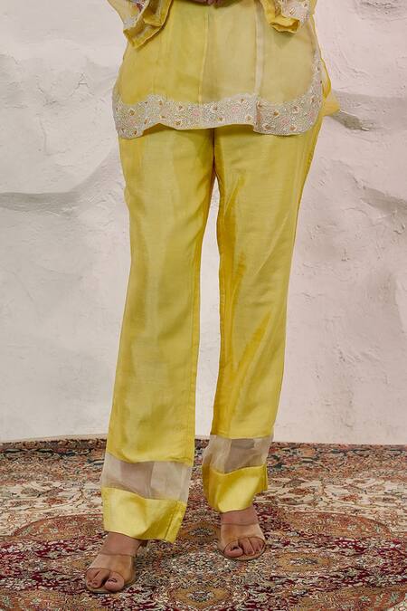 Nidhi Kejriwal Yellow Organza, Silk Cut Work, Pearls, Embellished Short Kurta Pant Set Online at Aza Fashions Nidhi Kejriwal_Yellow Organza, Silk Cut Work, Pearls, Embellished Short Kurta Pant Set _Online_at_Aza_Fashions