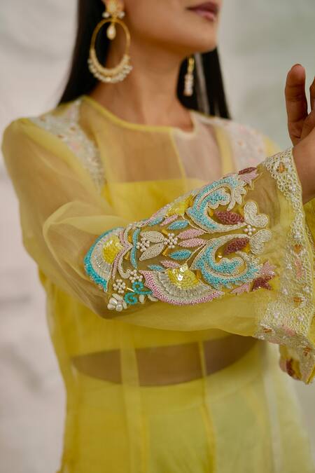 Nidhi Kejriwal Yellow Organza, Silk Cut Work, Pearls, Embellished Short Kurta Pant Set at Aza Fashions Nidhi Kejriwal_Yellow Organza, Silk Cut Work, Pearls, Embellished Short Kurta Pant Set _at_Aza_Fashions