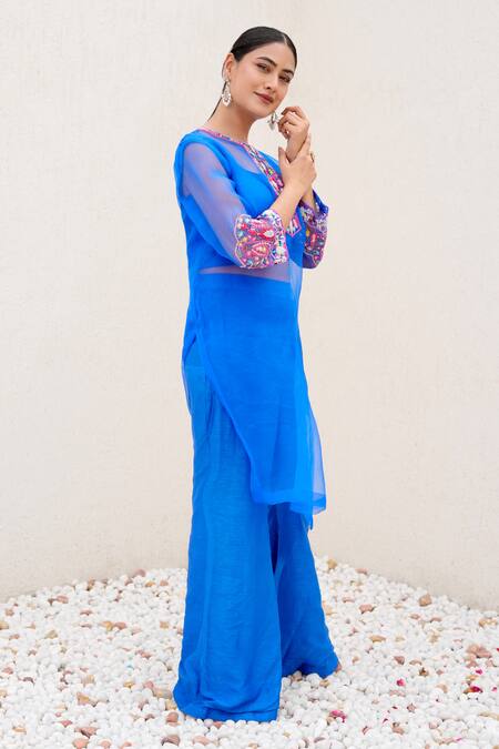 Nidhi Kejriwal Blue Organza Sequins, Embroidery Round , Square Kurta Pant Set Online at Aza Fashions Nidhi Kejriwal_Blue Organza Sequins, Embroidery Round , Square Kurta Pant Set _Online_at_Aza_Fashions