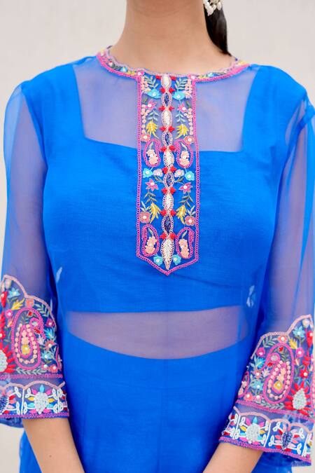 Shop Nidhi Kejriwal Blue Organza Sequins, Embroidery Round , Square Kurta Pant Set Online at Aza Fashions Shop_Nidhi Kejriwal_Blue Organza Sequins, Embroidery Round , Square Kurta Pant Set _Online_at_Aza_Fashions