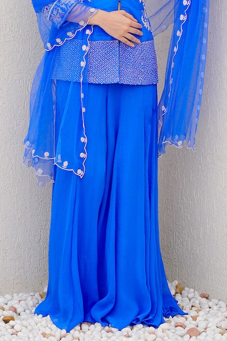 Nidhi Kejriwal Blue Silk, Net, Chiffon Bird Motif Embellished Short Kurta Palazzo Set Online at Aza Fashions Nidhi Kejriwal_Blue Silk, Net, Chiffon Bird Motif Embellished Short Kurta Palazzo Set _Online_at_Aza_Fashions