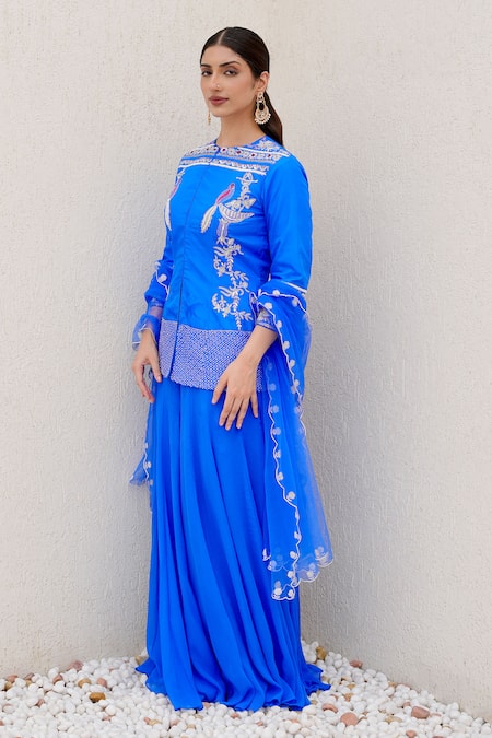 Buy Nidhi Kejriwal Blue Silk, Net, Chiffon Bird Motif Embellished Short Kurta Palazzo Set Online at Aza Fashions Buy_Nidhi Kejriwal_Blue Silk, Net, Chiffon Bird Motif Embellished Short Kurta Palazzo Set _Online_at_Aza_Fashions