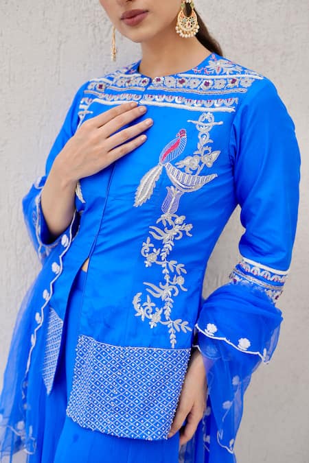 Shop Nidhi Kejriwal Blue Silk, Net, Chiffon Bird Motif Embellished Short Kurta Palazzo Set Online at Aza Fashions Shop_Nidhi Kejriwal_Blue Silk, Net, Chiffon Bird Motif Embellished Short Kurta Palazzo Set _Online_at_Aza_Fashions