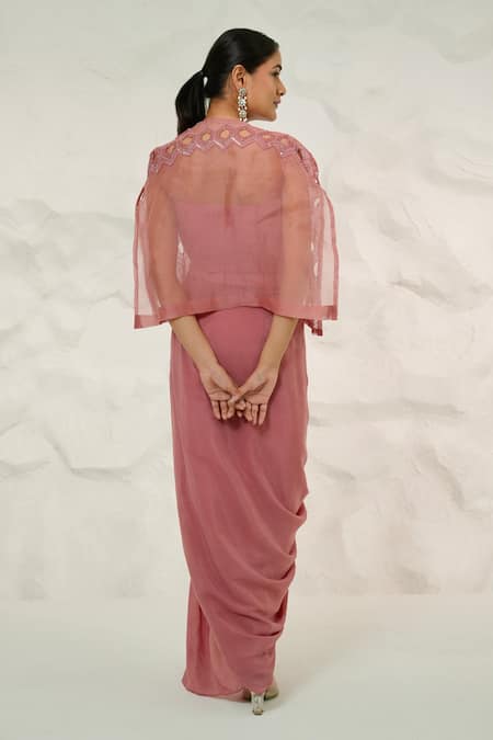 Shop Nidhi Kejriwal Pink Organza, Crepe Cut Work, Embroidery Draped Skirt Set With Hand Jacket at Aza Fashions Shop_Nidhi Kejriwal_Pink Organza, Crepe Cut Work, Embroidery Draped Skirt Set With Hand Jacket _at_Aza_Fashions