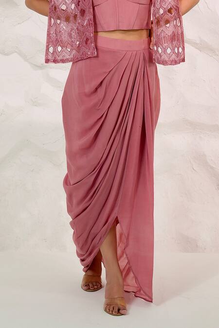 Nidhi Kejriwal Pink Organza, Crepe Cut Work, Embroidery Draped Skirt Set With Hand Jacket Online at Aza Fashions Nidhi Kejriwal_Pink Organza, Crepe Cut Work, Embroidery Draped Skirt Set With Hand Jacket _Online_at_Aza_Fashions