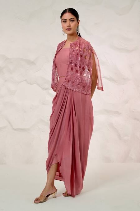 Shop Nidhi Kejriwal Pink Organza, Crepe Cut Work, Embroidery Draped Skirt Set With Hand Jacket Online at Aza Fashions Shop_Nidhi Kejriwal_Pink Organza, Crepe Cut Work, Embroidery Draped Skirt Set With Hand Jacket _Online_at_Aza_Fashions