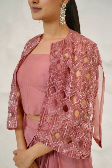 Nidhi Kejriwal Pink Organza, Crepe Cut Work, Embroidery Draped Skirt Set With Hand Jacket at Aza Fashions Nidhi Kejriwal_Pink Organza, Crepe Cut Work, Embroidery Draped Skirt Set With Hand Jacket _at_Aza_Fashions