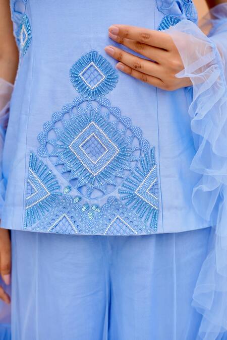 Buy Nidhi Kejriwal Blue Net, Chanderi Beads, Embroidery Hand Short Kurta Palazzo Set Online at Aza Fashions Buy_Nidhi Kejriwal_Blue Net, Chanderi Beads, Embroidery Hand Short Kurta Palazzo Set _Online_at_Aza_Fashions