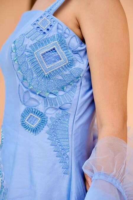 Shop Nidhi Kejriwal Blue Net, Chanderi Beads, Embroidery Hand Short Kurta Palazzo Set Online at Aza Fashions Shop_Nidhi Kejriwal_Blue Net, Chanderi Beads, Embroidery Hand Short Kurta Palazzo Set _Online_at_Aza_Fashions