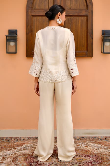 Shop Nidhi Kejriwal Off White Georgette Cut Work, Embroidery Square Neck, Open Bustier Palazzo Set at Aza Fashions Shop_Nidhi Kejriwal_Off White Georgette Cut Work, Embroidery Square Neck, Open Bustier Palazzo Set _at_Aza_Fashions