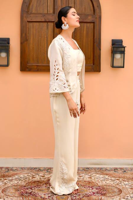 Buy Nidhi Kejriwal Off White Georgette Cut Work, Embroidery Square Neck, Open Bustier Palazzo Set Online at Aza Fashions Buy_Nidhi Kejriwal_Off White Georgette Cut Work, Embroidery Square Neck, Open Bustier Palazzo Set _Online_at_Aza_Fashions