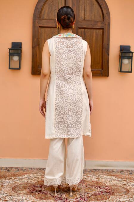Shop Nidhi Kejriwal Beige Cotton, Jersey Cut Work, Sequins, Embellished Bustier Pant Set With Jacket at Aza Fashions Shop_Nidhi Kejriwal_Beige Cotton, Jersey Cut Work, Sequins, Embellished Bustier Pant Set With Jacket_at_Aza_Fashions