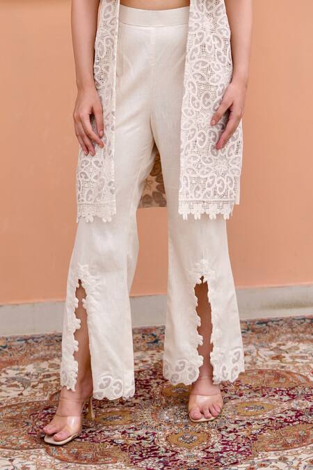 Nidhi Kejriwal Beige Cotton, Jersey Cut Work, Sequins, Embellished Bustier Pant Set With Jacket Online at Aza Fashions Nidhi Kejriwal_Beige Cotton, Jersey Cut Work, Sequins, Embellished Bustier Pant Set With Jacket_Online_at_Aza_Fashions