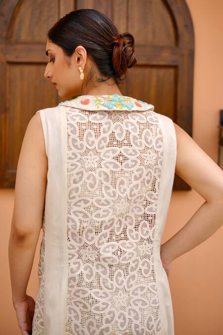 Buy Nidhi Kejriwal Beige Cotton, Jersey Cut Work, Sequins, Embellished Bustier Pant Set With Jacket Buy_Nidhi Kejriwal_Beige Cotton, Jersey Cut Work, Sequins, Embellished Bustier Pant Set With Jacket