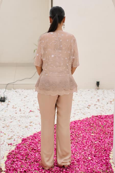 Shop Nidhi Kejriwal Pink Satin, Organza Embroidery Square Neck, Round Hand Palazzo Set With Jacket at Aza Fashions Shop_Nidhi Kejriwal_Pink Satin, Organza Embroidery Square Neck, Round Hand Palazzo Set With Jacket _at_Aza_Fashions