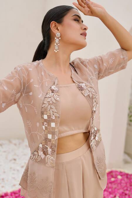 Buy Nidhi Kejriwal Pink Satin, Organza Embroidery Square Neck, Round Hand Palazzo Set With Jacket Online at Aza Fashions Buy_Nidhi Kejriwal_Pink Satin, Organza Embroidery Square Neck, Round Hand Palazzo Set With Jacket _Online_at_Aza_Fashions