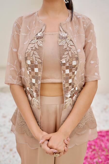 Shop Nidhi Kejriwal Pink Satin, Organza Embroidery Square Neck, Round Hand Palazzo Set With Jacket Online at Aza Fashions Shop_Nidhi Kejriwal_Pink Satin, Organza Embroidery Square Neck, Round Hand Palazzo Set With Jacket _Online_at_Aza_Fashions