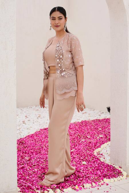 Nidhi Kejriwal Pink Satin, Organza Embroidery Square Neck, Round Hand Palazzo Set With Jacket at Aza Fashions Nidhi Kejriwal_Pink Satin, Organza Embroidery Square Neck, Round Hand Palazzo Set With Jacket _at_Aza_Fashions