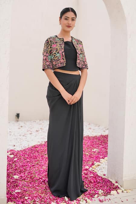 Nidhi Kejriwal Draped Skirt Set With Embroidered Jacket 