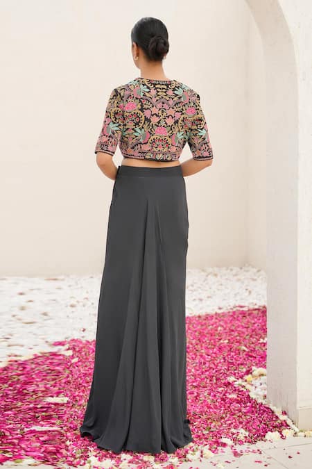Shop Nidhi Kejriwal Black Crepe Embroidery Bandeau , Round Draped Skirt Set With Jacket at Aza Fashions Shop_Nidhi Kejriwal_Black Crepe Embroidery Bandeau , Round Draped Skirt Set With Jacket _at_Aza_Fashions