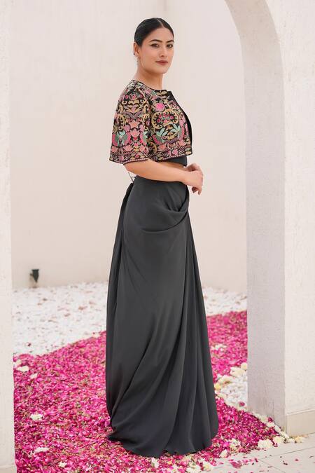 Buy Nidhi Kejriwal Black Crepe Embroidery Bandeau , Round Draped Skirt Set With Jacket Online at Aza Fashions Buy_Nidhi Kejriwal_Black Crepe Embroidery Bandeau , Round Draped Skirt Set With Jacket _Online_at_Aza_Fashions