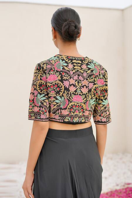 Nidhi Kejriwal Black Crepe Embroidery Bandeau , Round Draped Skirt Set With Jacket at Aza Fashions Nidhi Kejriwal_Black Crepe Embroidery Bandeau , Round Draped Skirt Set With Jacket _at_Aza_Fashions