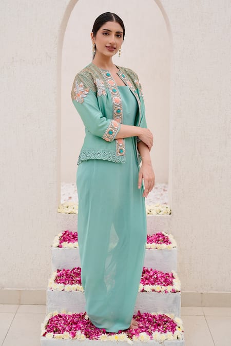 Buy_Nidhi Kejriwal_Green Chanderi, Georgette, Modal Draped Dress Set With Embellished Jacket_Online_at_Aza_Fashions