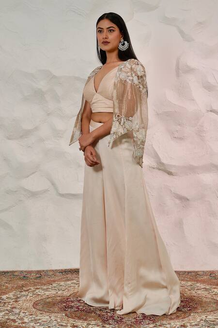 Buy Nidhi Kejriwal Beige Georgette, Satin, Tissue Zari, Bustier Palazzo Set With Embroidered Cape Online at Aza Fashions Buy_Nidhi Kejriwal_Beige Georgette, Satin, Tissue Zari, Bustier Palazzo Set With Embroidered Cape _Online_at_Aza_Fashions