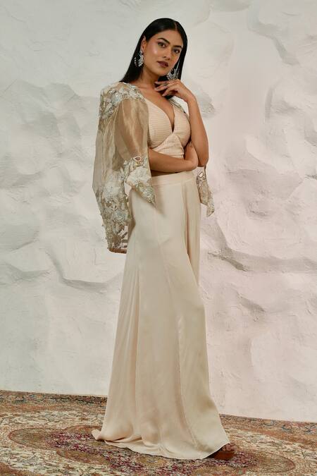 Shop Nidhi Kejriwal Beige Georgette, Satin, Tissue Zari, Bustier Palazzo Set With Embroidered Cape Online at Aza Fashions Shop_Nidhi Kejriwal_Beige Georgette, Satin, Tissue Zari, Bustier Palazzo Set With Embroidered Cape _Online_at_Aza_Fashions