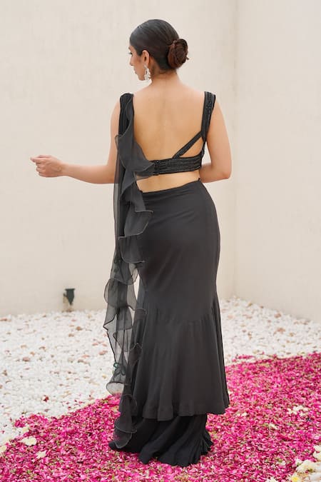 Shop Nidhi Kejriwal Black Organza, Crepe, Chiffon, Denim Cut Hand Pre-draped Saree With Blouse at Aza Fashions Shop_Nidhi Kejriwal_Black Organza, Crepe, Chiffon, Denim Cut Hand Pre-draped Saree With Blouse _at_Aza_Fashions