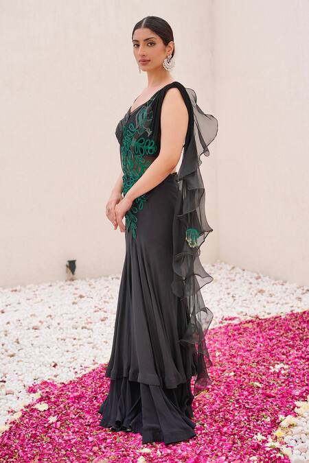 Nidhi Kejriwal Black Organza, Crepe, Chiffon, Denim Cut Hand Pre-draped Saree With Blouse Online at Aza Fashions Nidhi Kejriwal_Black Organza, Crepe, Chiffon, Denim Cut Hand Pre-draped Saree With Blouse _Online_at_Aza_Fashions