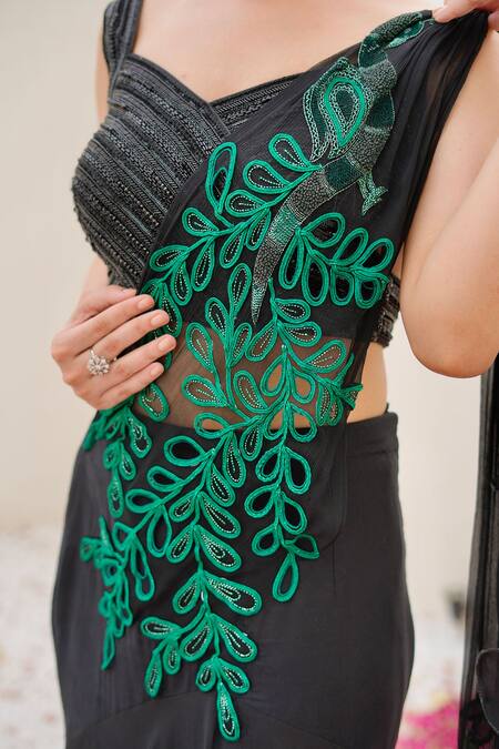 Shop Nidhi Kejriwal Black Organza, Crepe, Chiffon, Denim Cut Hand Pre-draped Saree With Blouse Online at Aza Fashions Shop_Nidhi Kejriwal_Black Organza, Crepe, Chiffon, Denim Cut Hand Pre-draped Saree With Blouse _Online_at_Aza_Fashions