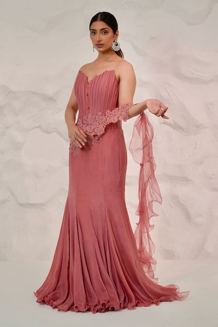 Nidhi Kejriwal Pink Organza, Chiffon, Silk Cut Work, Pearls Embroidered Corset With Skirt at Aza Fashions Nidhi Kejriwal_Pink Organza, Chiffon, Silk Cut Work, Pearls Embroidered Corset With Skirt _at_Aza_Fashions
